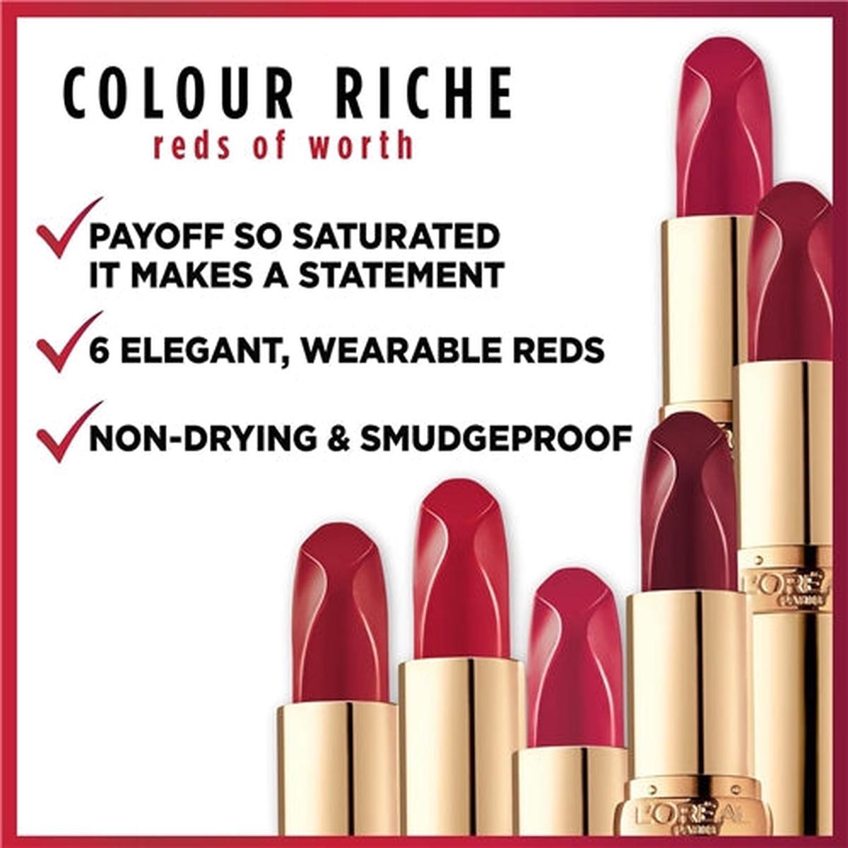 LOral Paris Colour Riche Red, Long Lasting, Satin Finish Smudge Proof Lipstick, Reds of Worth 0.13 Oz